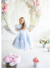 Puff Sleeves Blue Tulle Pearl Flower Girl Dress